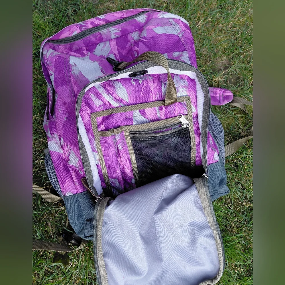 LL Bean black raspberry gray & magenta multi pocket nylon hiking school backpack
